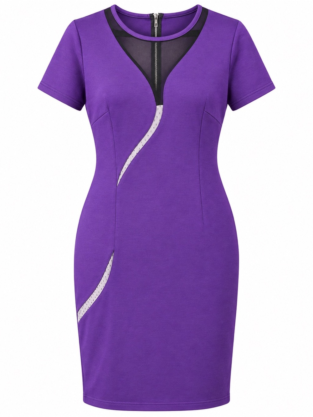 Structured Purple Sheath Dress with Mesh Accent